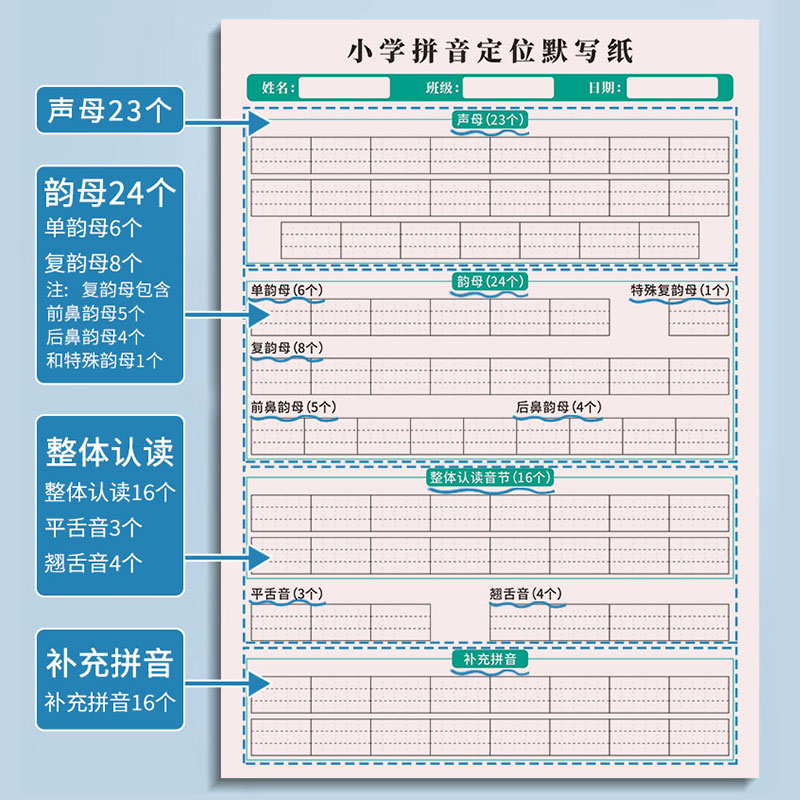 汉语拼音默写本纸字母定位听写表声母韵母前后鼻音饶舌音整体抖音认读音节幼儿儿童学前一年级小学拼音默写纸 - 图2