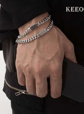 KEEOOK古巴钛钢圆方牌手链男款小众高级感美式蹦迪冷淡风配饰刻字