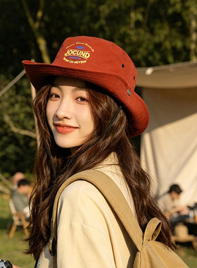 速干红色防晒渔夫帽女士新款夏季户外登山帽徒步帽子可折叠遮阳