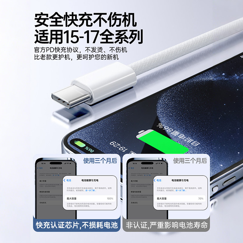 【正品认证】适用苹果15promax充电线PD30W快充线iPhone16/17数据线14Plus手机13平板iPadPro充电器线12/11,淘宝优惠券,粉丝福利购,淘宝优惠卷