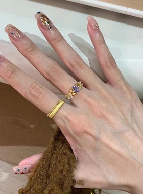 法式复古镶钻拉丝紫荆花戒指女小众时尚高级感气质精致开口食指环