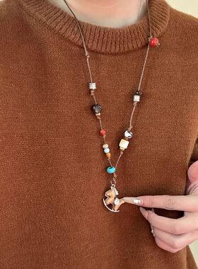 新中式复古小马串珠编织绳项链女秋冬设计长款毛衣链配饰精致链条