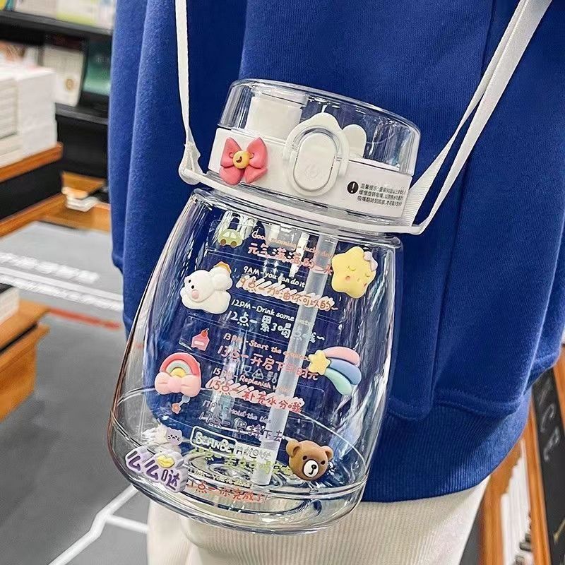 新款双饮吸管杯可爱大肚水杯大容量杯子女学生便携夏季塑料杯水壶 - 图0