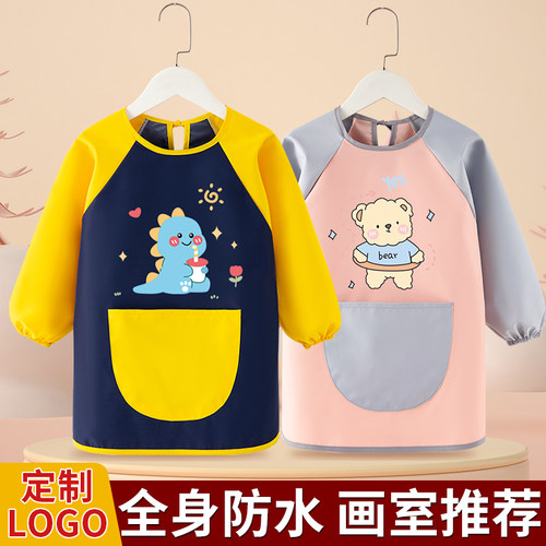 儿童画画罩衣绘画防水防脏围裙女宝宝美术反穿护衣幼儿园吃饭围兜 - 图0