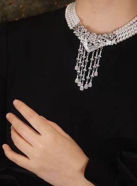 月光瀑布 多层珍珠项链复古水滴流苏 重工奢华两戴时尚百搭毛衣链