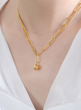 双层链条拼接锁骨链百搭饰品女钛钢18k金西太后气质圆珠吊坠新款