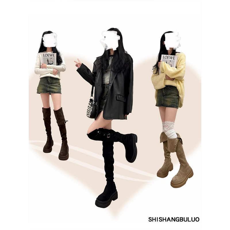 美拉德翻折厚底长筒靴子女2025年秋冬季新款粗跟过膝骑士靴鞋子 - 图2