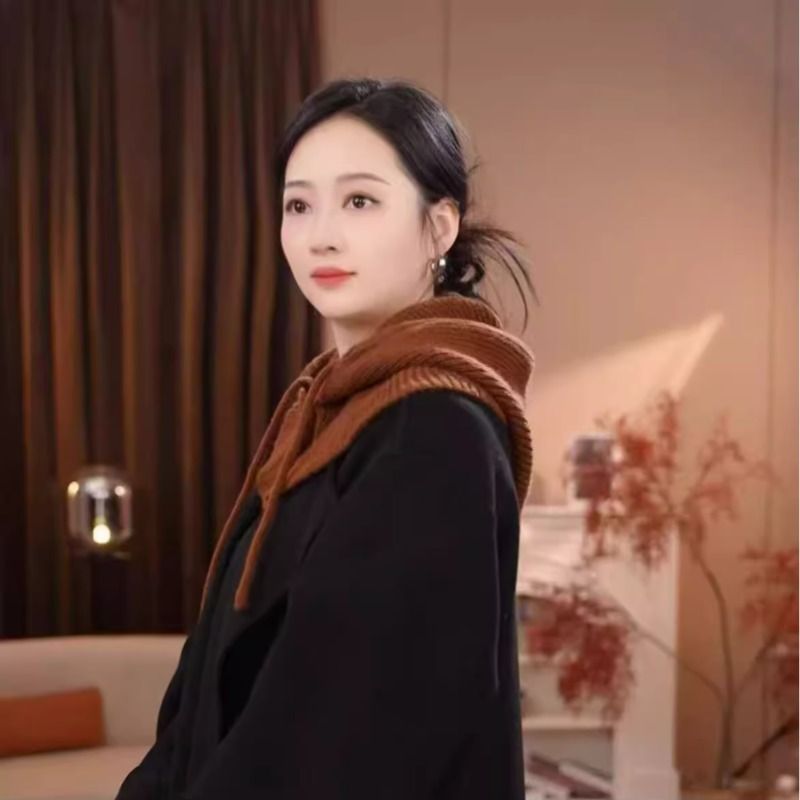 2025年新款纯色毛线帽子围脖一体护颈女秋冬加厚针织连帽围巾带扣 - 图3