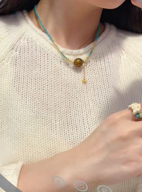 赤金螺钿大漆锁骨链搭配菱镁矿项链饰品时尚配饰松石绿松