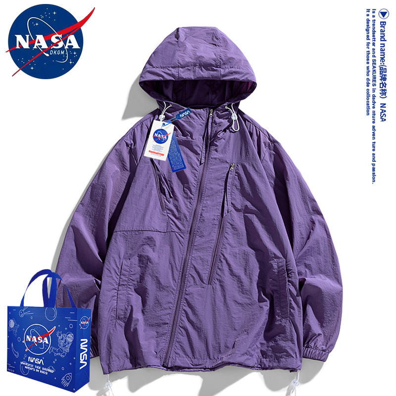 NASA美式防晒衣男女潮牌宽松情侣款夏季薄款户外防紫外线连帽外套 - 图0