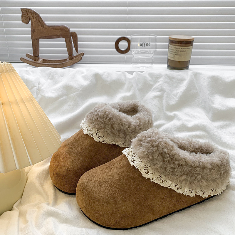 内增高花边勃肯鞋加绒毛毛棉拖鞋女外穿2025冬季新款厚底包头半拖 - 图3