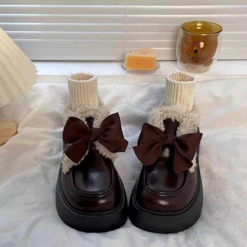 英伦风厚底小皮鞋女2025新款加绒保暖玛丽珍鞋毛绒蝴蝶结圆头黑色,淘宝优惠券,粉丝福利购,淘宝优惠卷