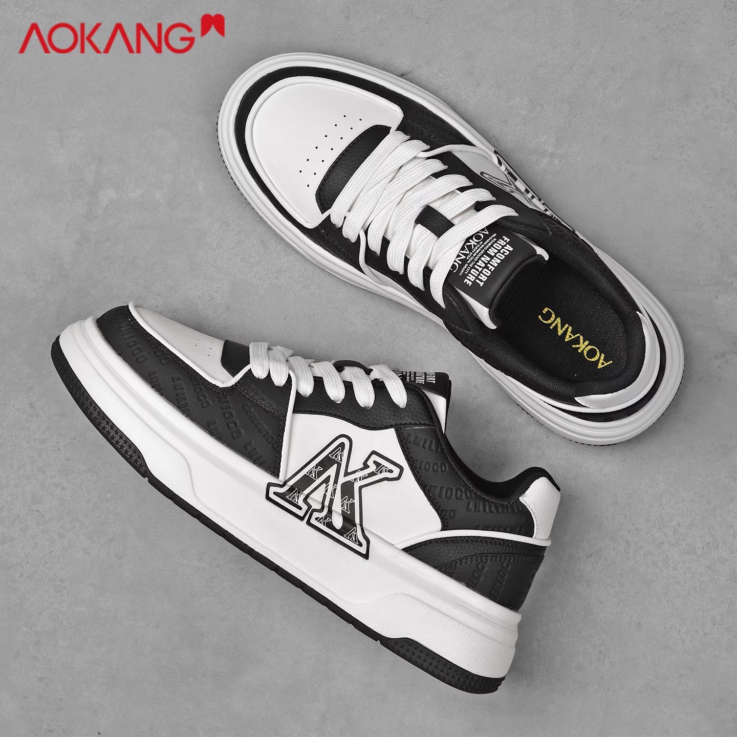 奥康印花板鞋男2025新款冬季正版空军aj一号男鞋潮流青少年熊猫鞋 - 图2