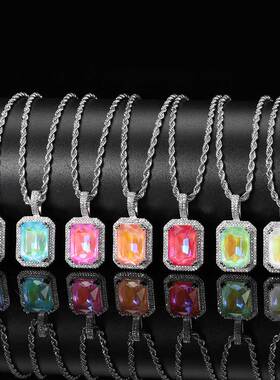欧美热卖摩卡荧光方形实心锆石彩色宝石吊坠嘻哈男女微镶锆石项链