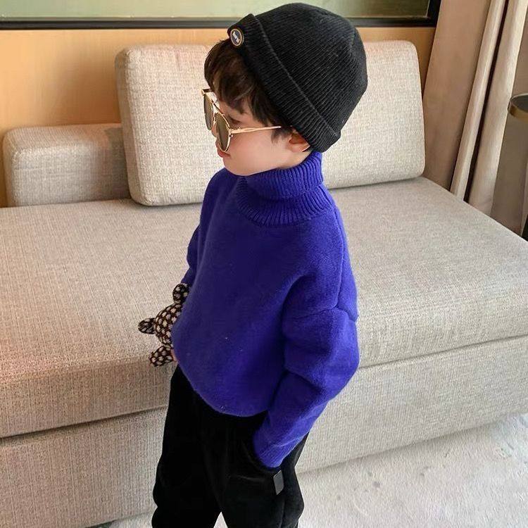 儿童加绒毛衣2024秋冬新款男女宝宝一体绒高领保暖针织衫红色黑色,淘宝优惠券,粉丝福利购,淘宝优惠卷