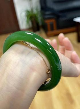新疆和田玉碧玉手镯女款扁条宽菠菜绿翡翠仿底玉石镯子手串苹果绿