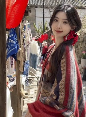 波西米亚风氛围旅游披肩女外搭2025新款复古民族风红色感披风斗篷
