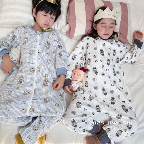 儿童连体睡衣纯棉春秋男童女宝宝四季透气爬服卡通婴儿睡袋空调服 - 图0