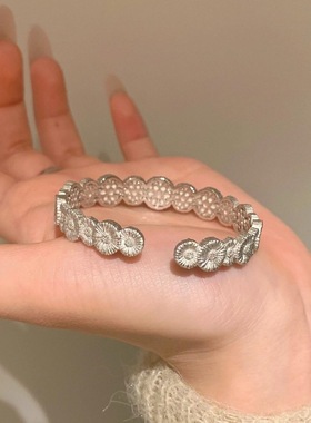 925Vintage法式复古蓝色玉髓小雏菊戒指小众设计精致中古风手饰