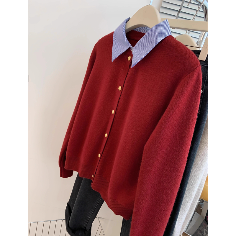 灰色polo领假两件针织开衫女秋冬季高级感欧货大码内搭衬衫领毛衣,淘宝优惠券,粉丝福利购,淘宝优惠卷