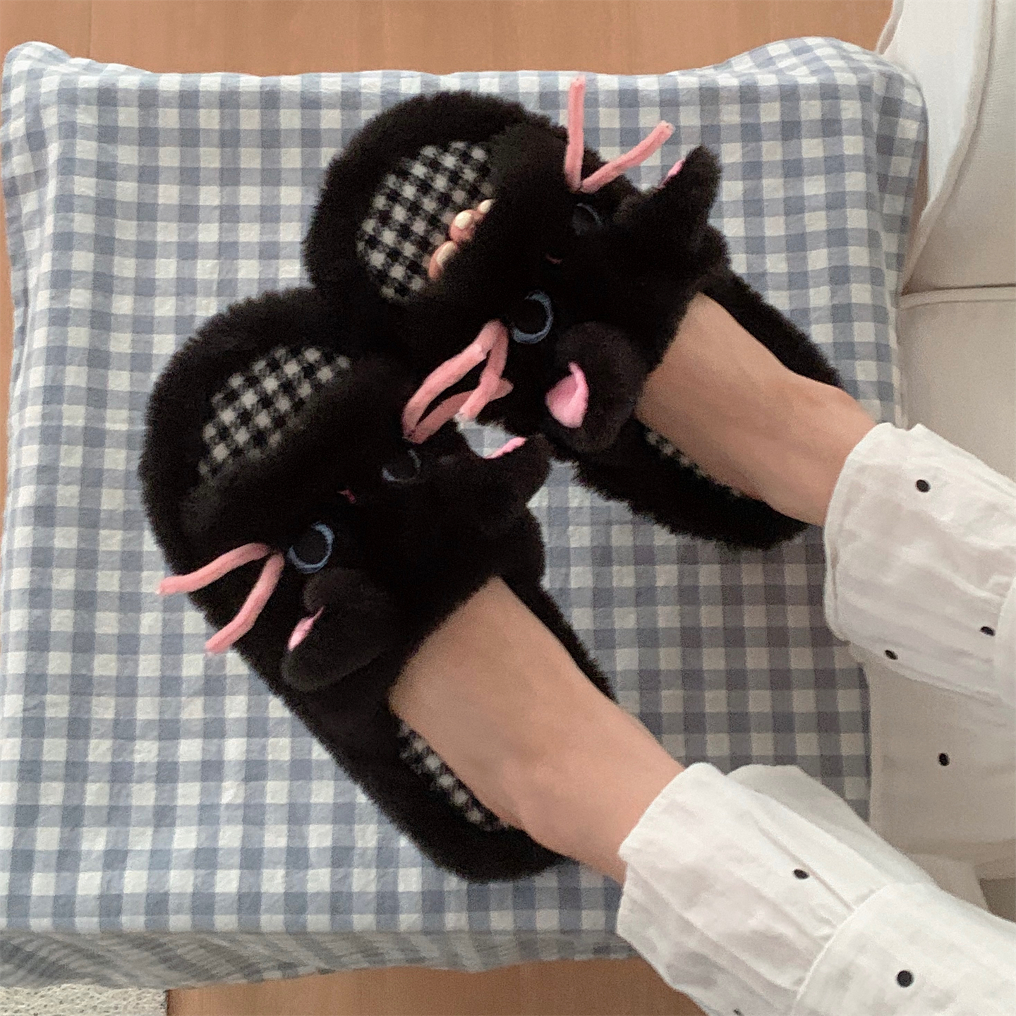 细细条 个性小黑猫卧室居家室内防滑趣味棉拖鞋女士秋冬毛毛拖鞋 - 图0