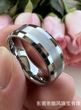钨钢原色倒角拉中间砂高品质欧美时尚简约戒指亚马逊外贸工厂直销