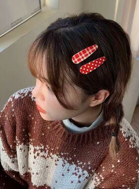 复古红色波点格子小发夹少女心可爱边夹BB夹学生刘海夹子发饰头饰