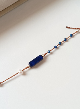 「古月清辉」S925纯银蝴蝶天然青金石手链古风新中式编织棕绳手饰