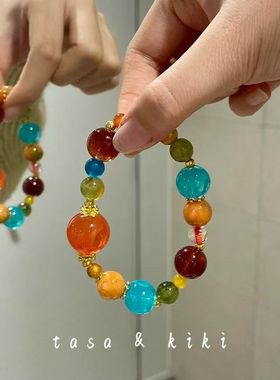 “橘子海”敦煌色系柑橘撞色多巴胺串珠手串小众设计感高颜值手饰