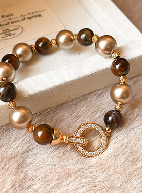 双层茶晶串珠珍珠手链小众法式复古轻奢高级感手串气质百搭手饰女