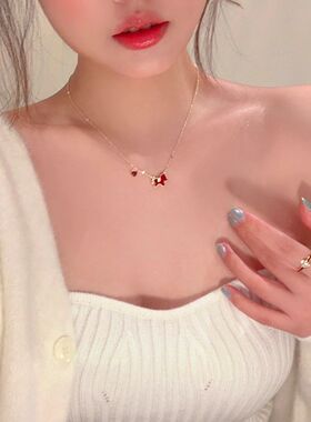 新年红色滴油金边小马项链女轻奢高级感锁骨链配饰气质毛衣链颈链