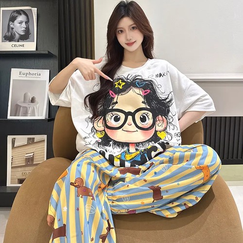 棉质睡衣女带胸垫套装卡通夏季短袖长裤家居服可外穿春夏薄款短裤 - 图3