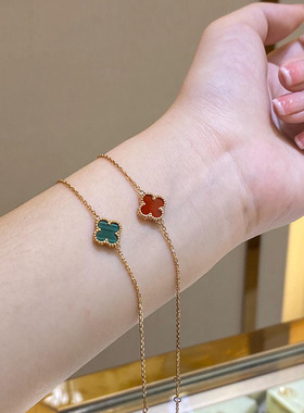 幸运四叶草单花红玉髓白贝母手链女18K玫瑰金黑玛瑙时尚百搭配饰