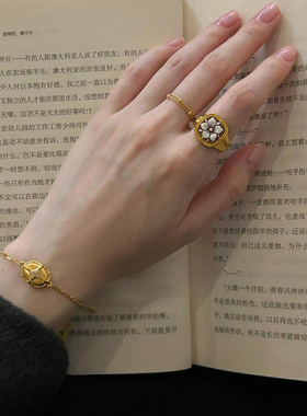 法式老钱风栀子花戒指珐琅中古风雕花小白花复古指环开口可调节