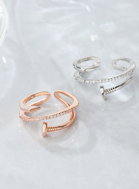 s925纯银日韩时尚小众设计感钉子戒指微镶锆石气质指环冷淡风戒子