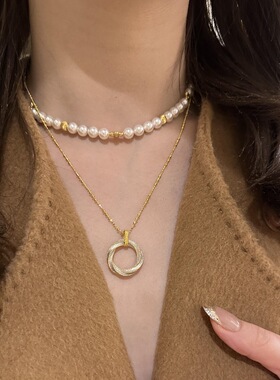 925法式轻奢复古高级感分金拉丝莫比鸟斯环项链扭花质感吊坠颈链