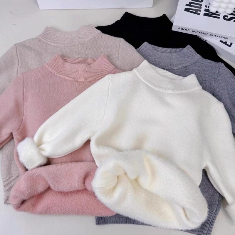 儿童加绒毛衣2024秋冬新款男女宝宝一体绒高领保暖针织衫红色黑色,淘宝优惠券,粉丝福利购,淘宝优惠卷