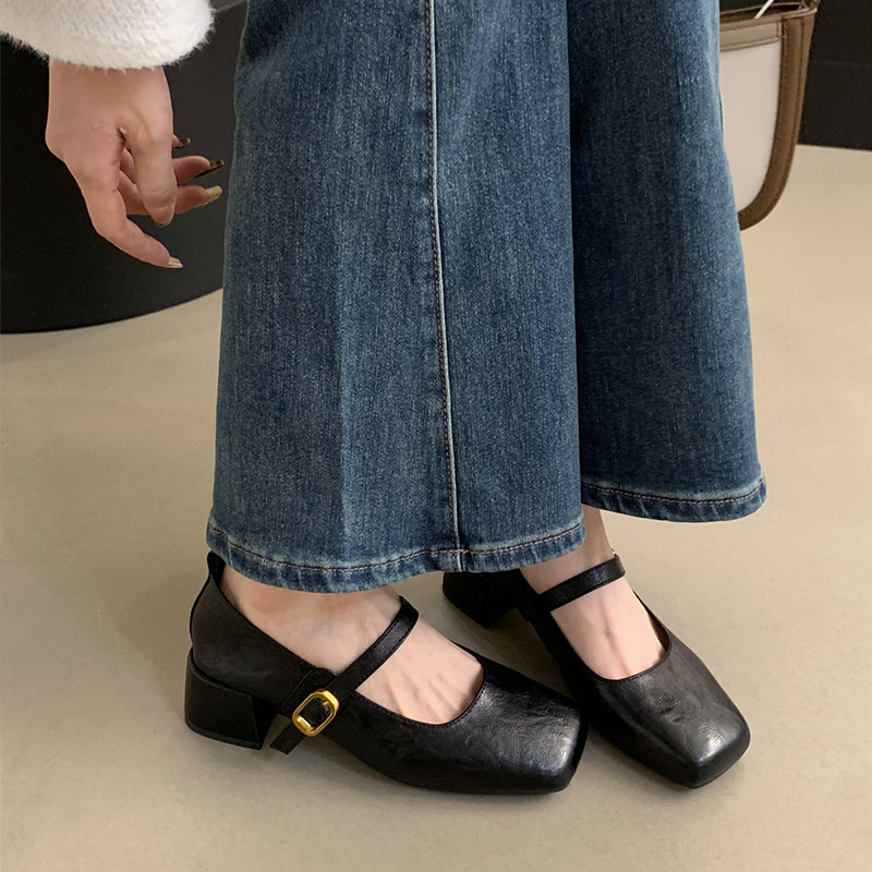 复古方头浅口粗跟单鞋女春秋新款法式晚风仙女软皮玛丽珍小皮鞋子,淘宝优惠券,粉丝福利购,淘宝优惠卷