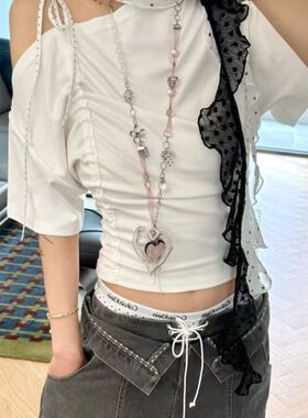 丝带拼接彩珠爱心波点花朵项链女小众设计百搭长款毛衣链配饰镀金