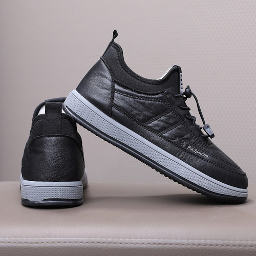 男士棉鞋加绒保暖休闲鞋冬季新款皮面潮流中老年爸爸一脚蹬懒人鞋 - 图1