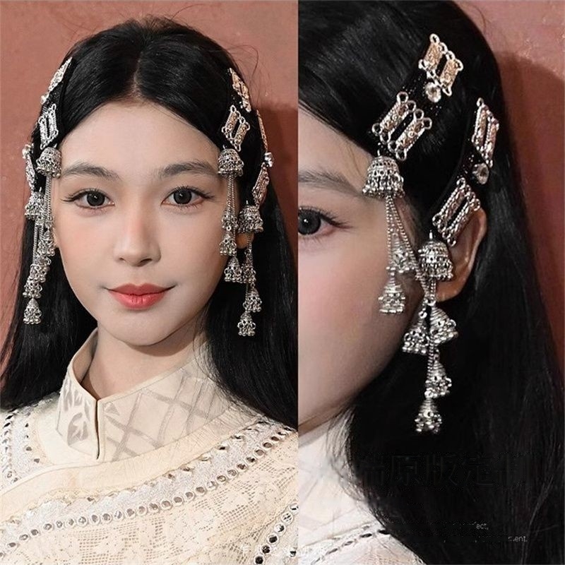 易梦玲同款流苏银色发饰民族风长款发夹发饰女刘海夹子蒙古族草原 - 图0