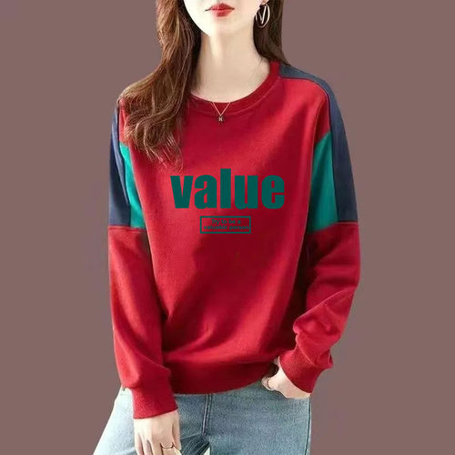 100%纯棉打底衫撞色拼接长袖卫衣女大码宽松新款春秋全棉上衣服J - 图0