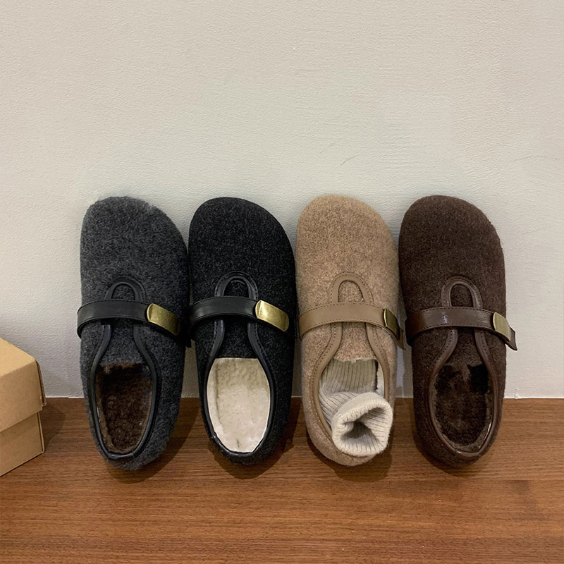 厚底毛呢加绒勃肯鞋女2025秋冬新款灰色保暖棉鞋平底玛丽珍毛毛鞋 - 图3