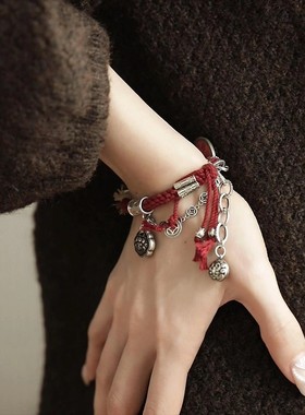 新中式如意多宝山鬼花钱手绳女复古民族风国风新年本命年红色手链