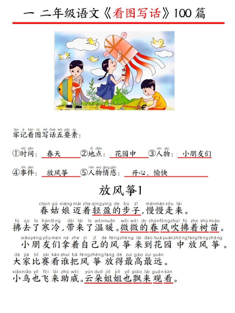 一二年级小学看图写话100篇范文精编拼音版经典押题范文老师推荐看图写话引导学校老师推荐同款轻松快速学会看图写话100篇范文晨读 - 图0