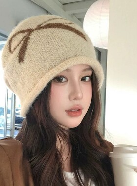 蝴蝶结黑色堆堆帽女秋冬保暖针织套头冷帽复古大头围显脸小包头帽