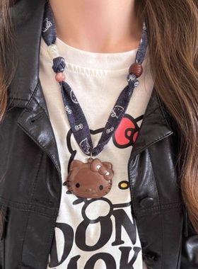 手作kitty!可爱kt猫仿珍珠丝巾项链女复古独特设计感毛衣链长配饰