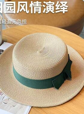 日系草帽女夏天复古平顶小清新礼帽遮阳防晒沙滩帽子出游渔夫帽潮