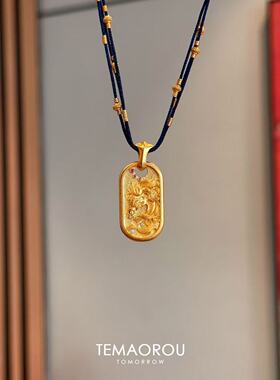 藏蓝色手工编绳点钻骏马椭圆牌吊坠项链设计高级感百搭毛衣链新款