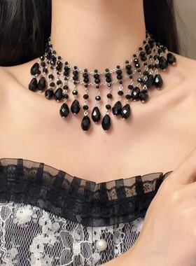 轻奢高级感黑色水滴流苏项链女小众设计感串珠锁骨链复古朋克颈链